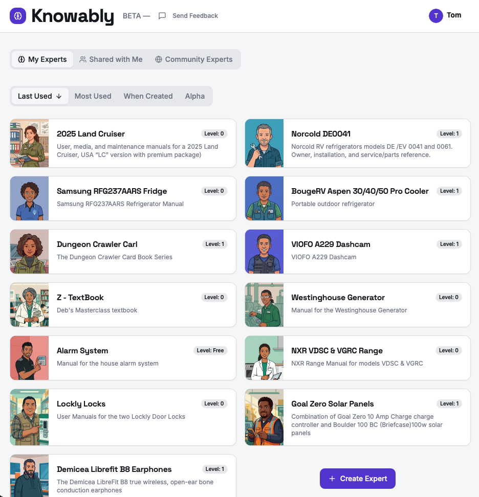 Knowably list of a user's AI experts
