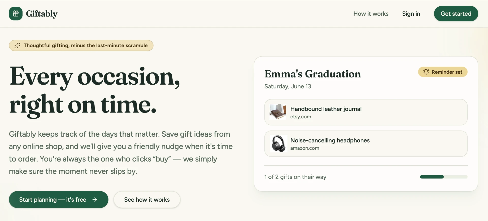 Giftably homepage showing an upcoming occasion with planned gifts and reminders