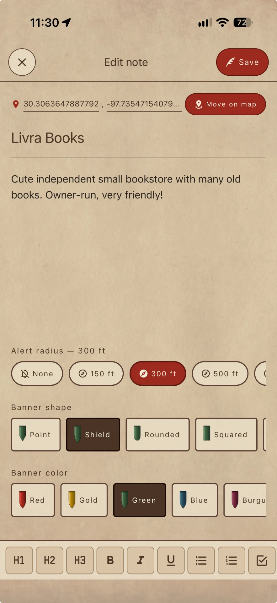 Cartably note editor for pinning a place on the map with a title, description and banner style