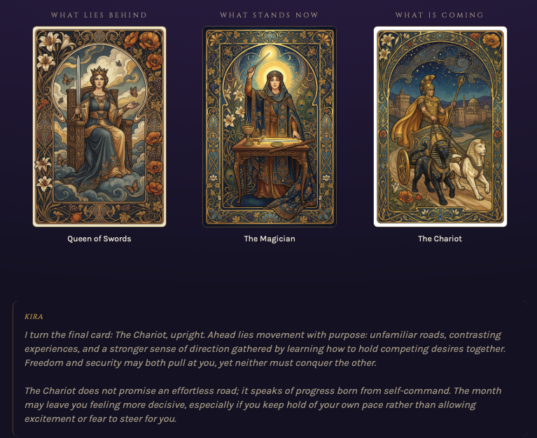 Mysticably tarot reading with three illustrated cards