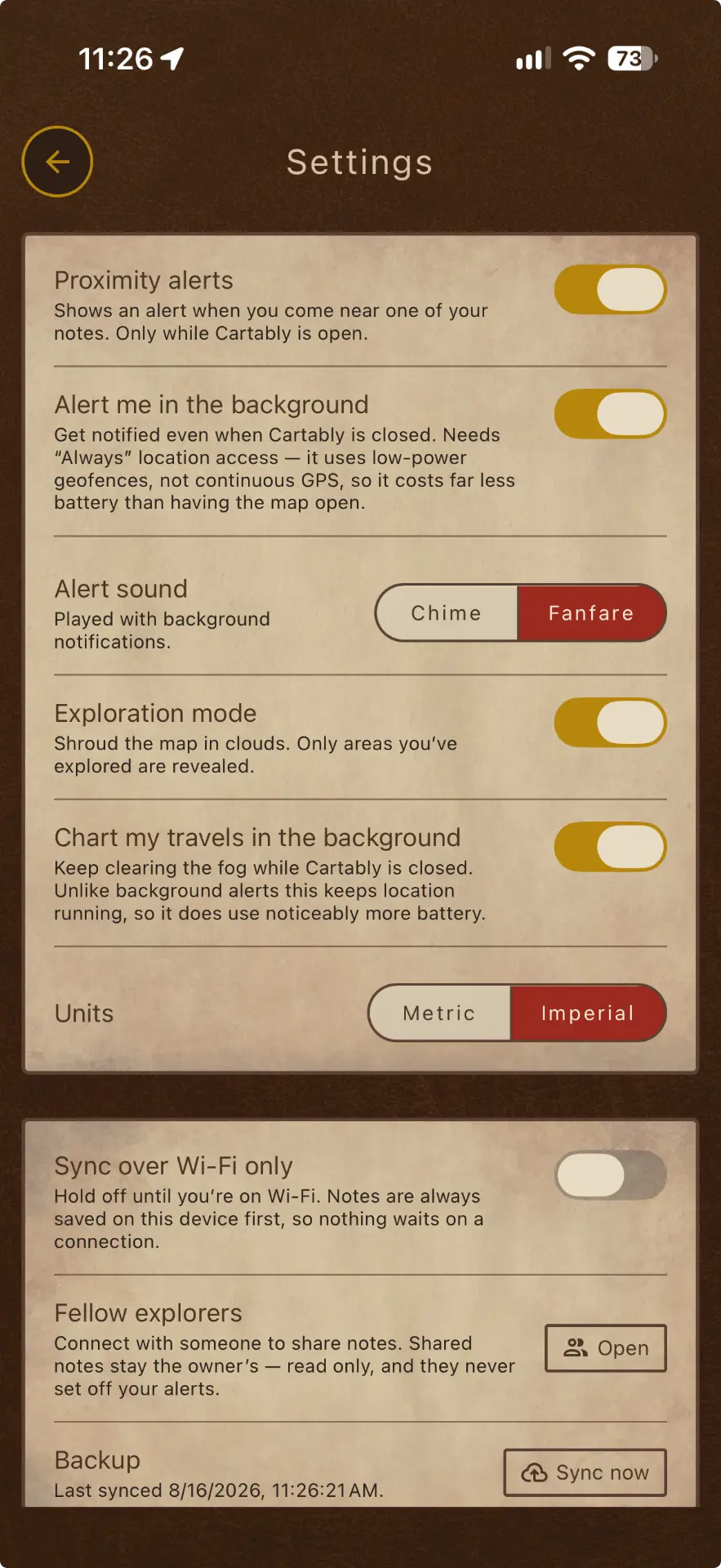 Cartably settings screen with units, alerts and exploration options